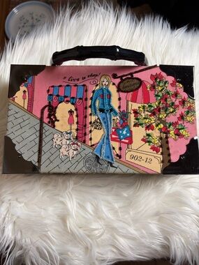 "Woman Walking Dog I Love To Shop" design. Choice Made Art Cigar Box Handbag.